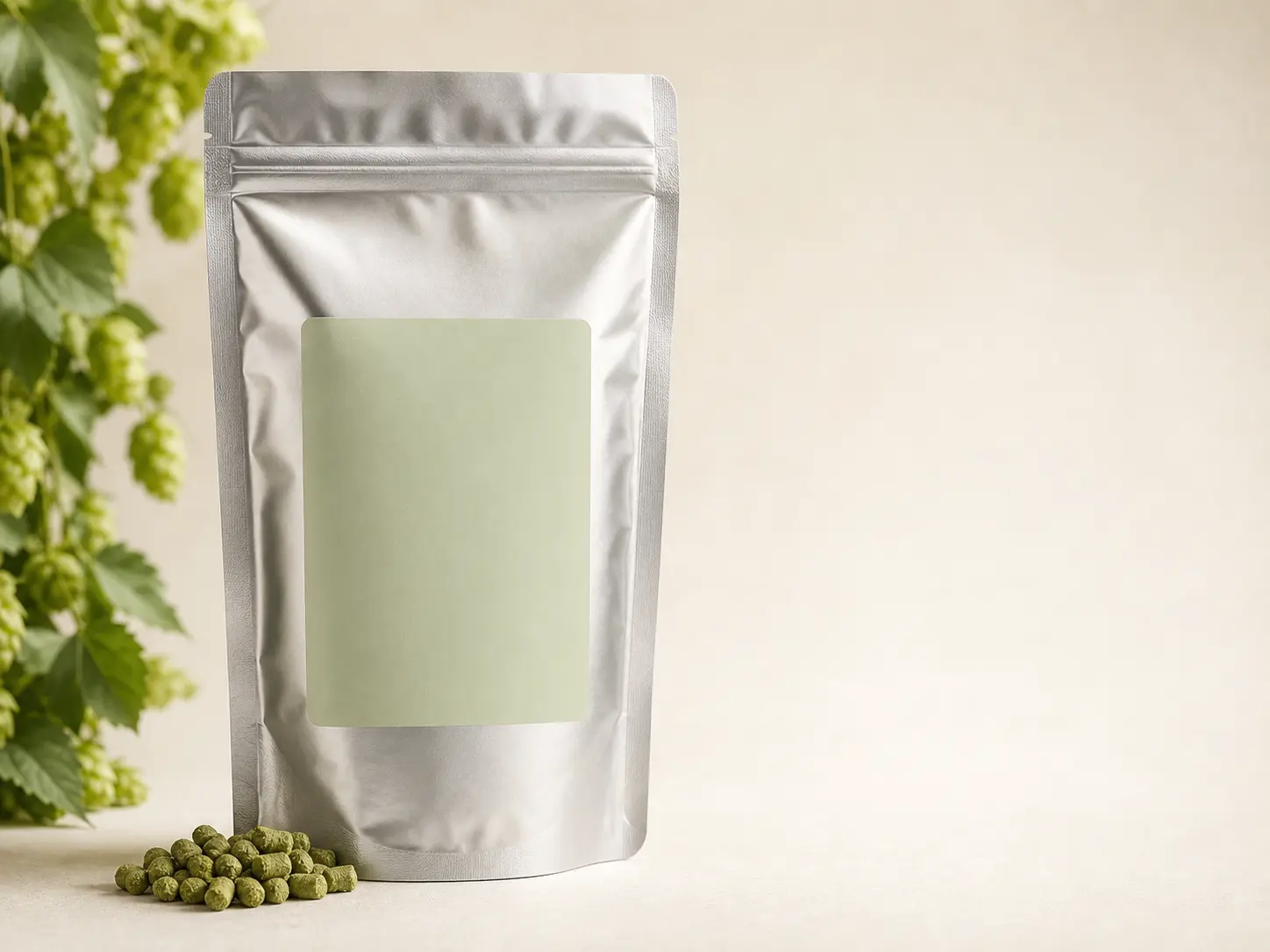 Aluminiumverpackte Hopfenpellets vor Hopfenpflanzen
